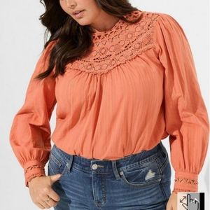 🏷️Torrid Boho Cotton Lace Trim Yoke Blouson Sleeve Top Size 2 18/20